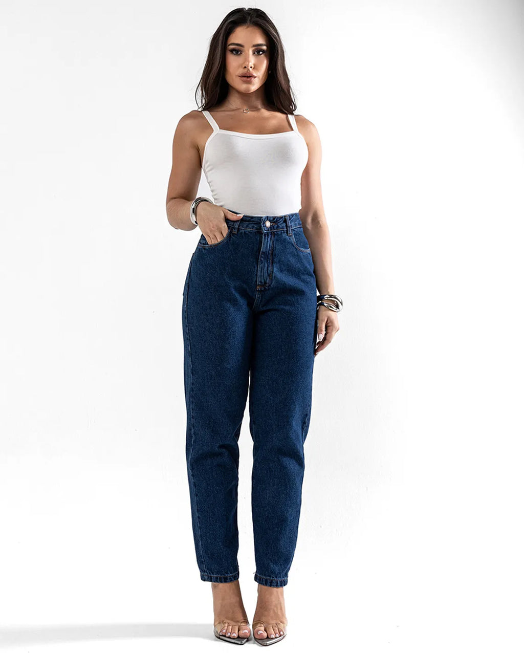 Calça Jeans Mom Feminina Cintura Alta Algodão 00101 Escura