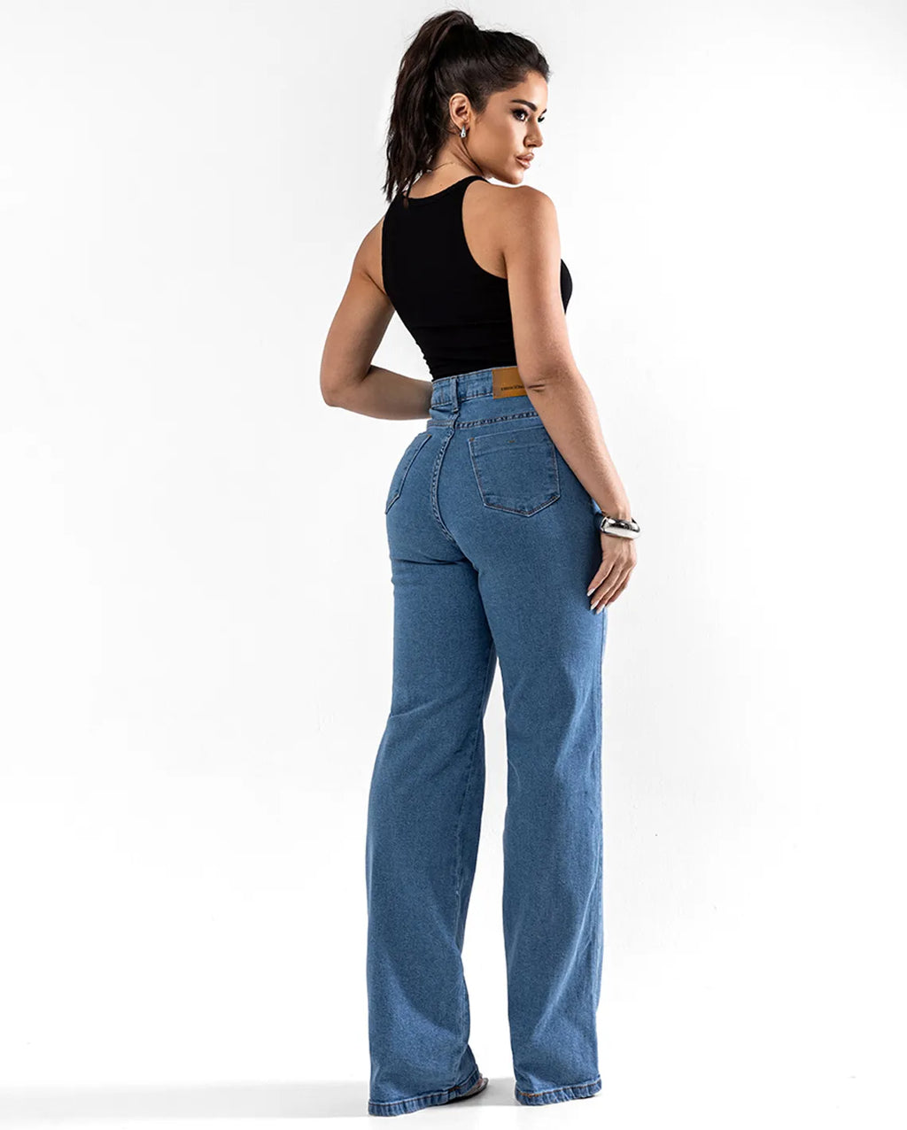 Calça Jeans Wide Leg Feminina Cintura Alta Básica com Elastano 28000 Média