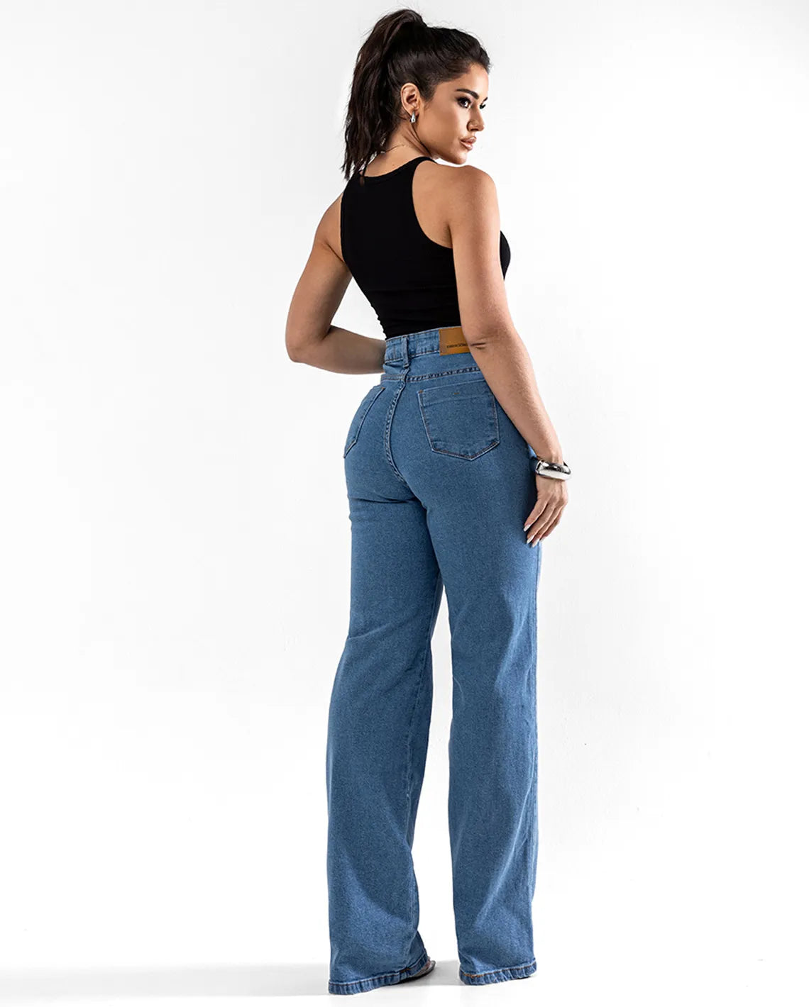 Calça Jeans Wide Leg Feminina Cintura Alta Básica com Elastano 28000 Média