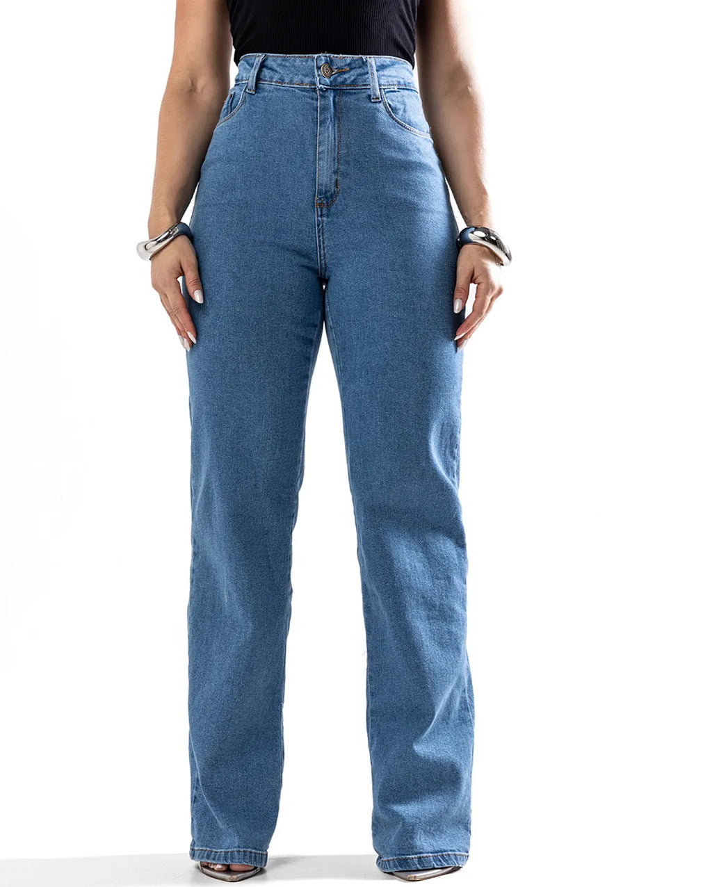 Calça Jeans Wide Leg Feminina Cintura Alta Básica com Elastano 28000 Média