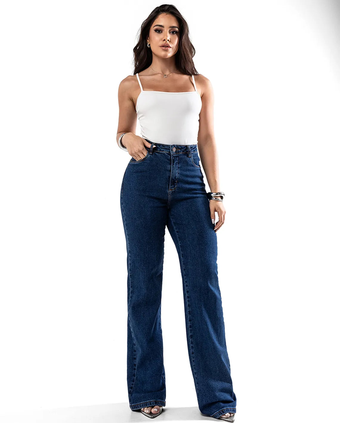 Calça Jeans Wide Leg Feminina Cintura Alta Básica com Elastano 28000 Escura