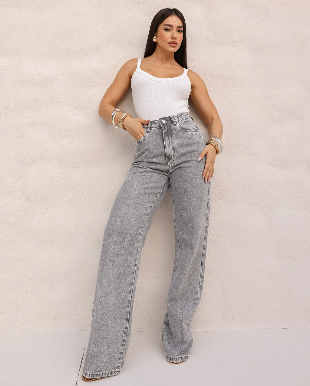 Calça Jeans Wide Leg Feminina Cintura Alta Básica Algodão 29000 Cinza