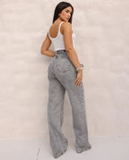 Calça Jeans Wide Leg Feminina Cintura Alta Básica Algodão 29000 Cinza