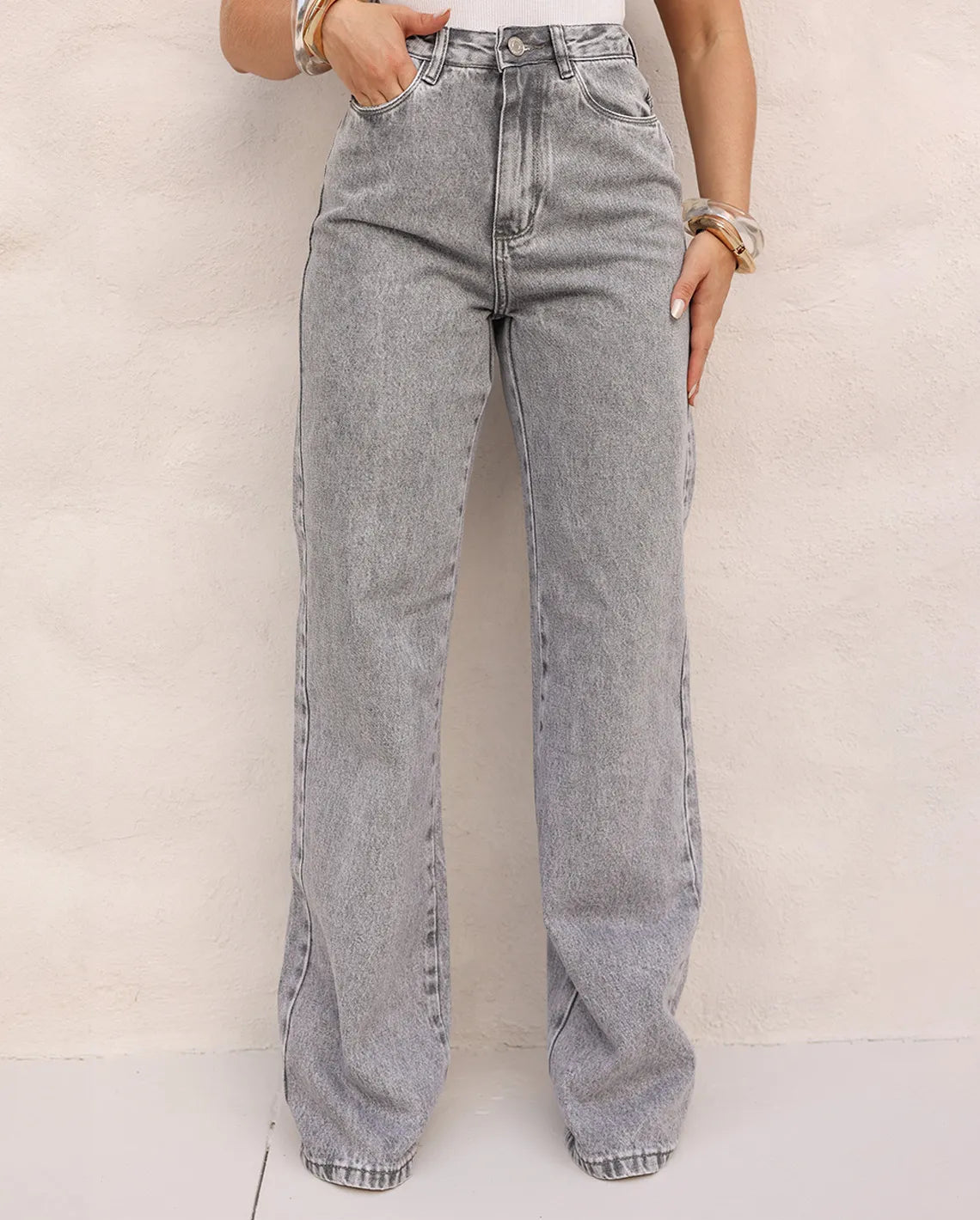 Calça Jeans Wide Leg Feminina Cintura Alta Básica Algodão 29000 Cinza