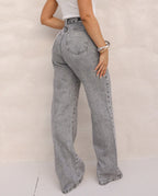 Calça Jeans Wide Leg Feminina Cintura Alta Básica Algodão 29000 Cinza