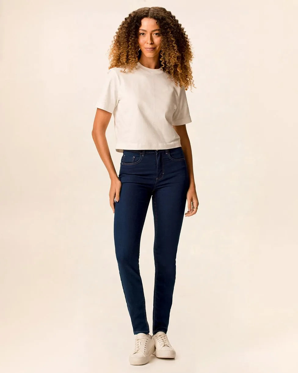 Calça Skinny Feminina Cintura Média Bolso Funcional Em Jeans Stretch - 1000129228