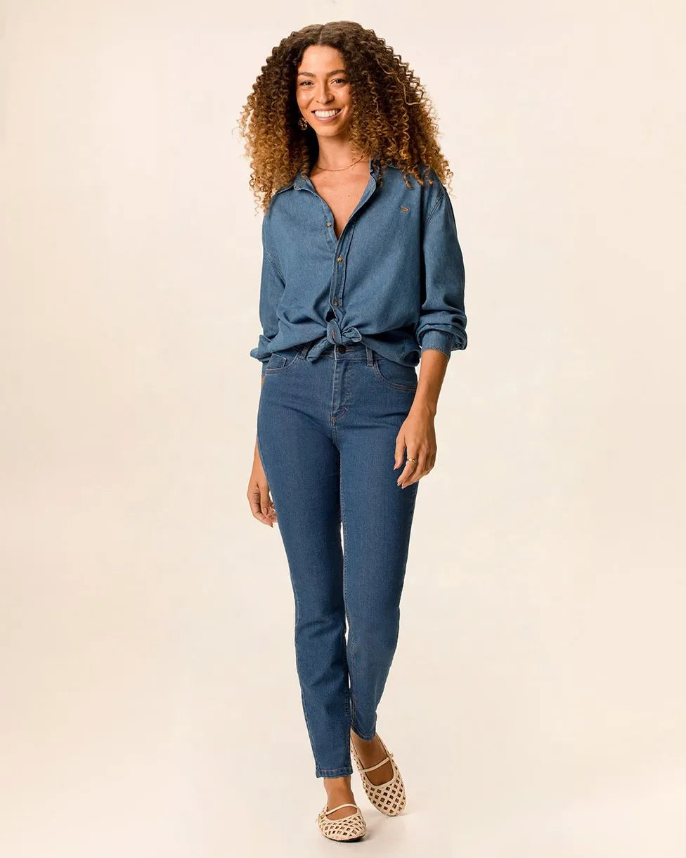Calça Skinny Feminina Cintura Média Bolso Funcional Em Jeans Stretch - 1000129363